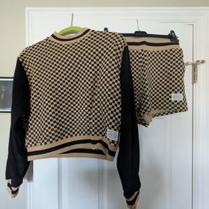 Atwyld Women's Checkerboard Knit Crewneck And Short Set Beige and Black